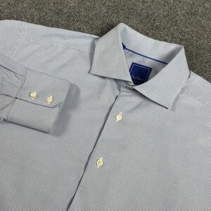 David Donahue Mens Trim Fit Dress Shirt 17.5 34/35 Blue White Houndstooth Cotton
